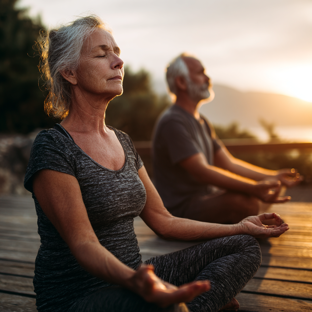 Mature adults practicing mindful yoga in serene natural environment